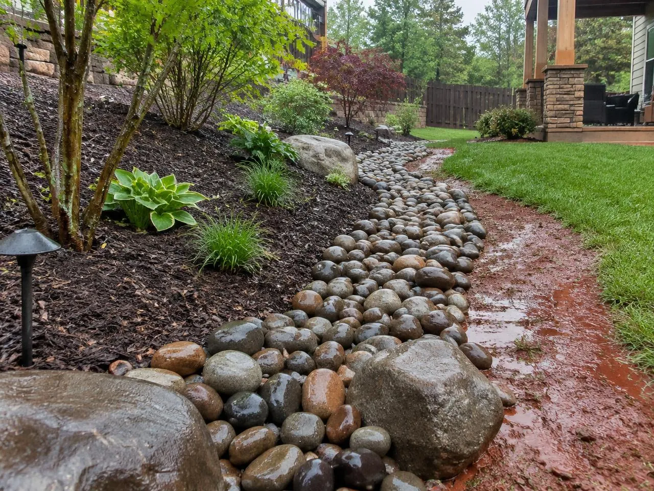 River rock drainage bed installed beside a mulched planting area
