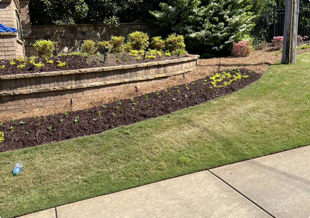 Stone retaining wall with fresh sod and plantings installed by Moreno Landscaping