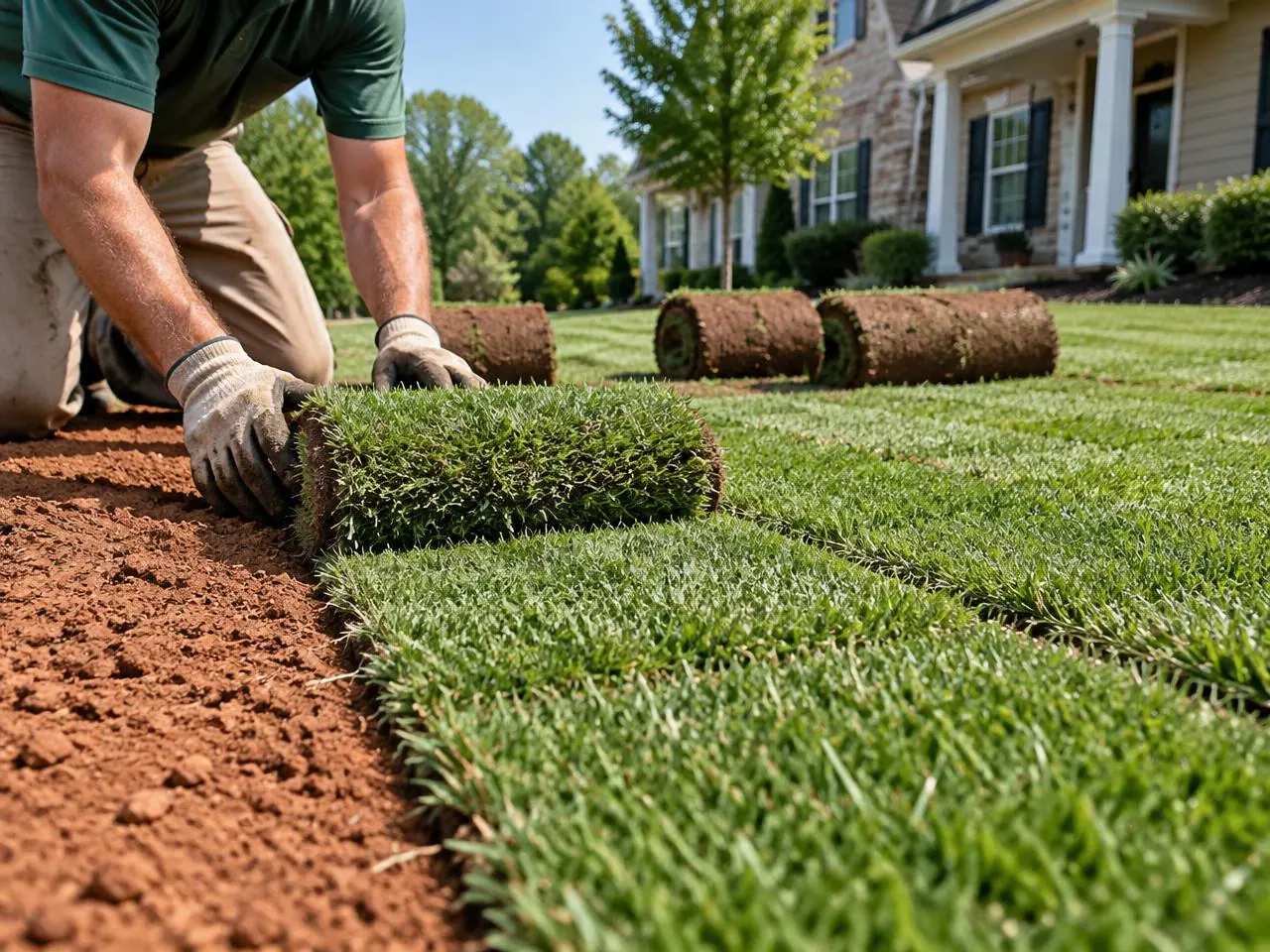 Fresh sod being installed on a North Georgia lawn