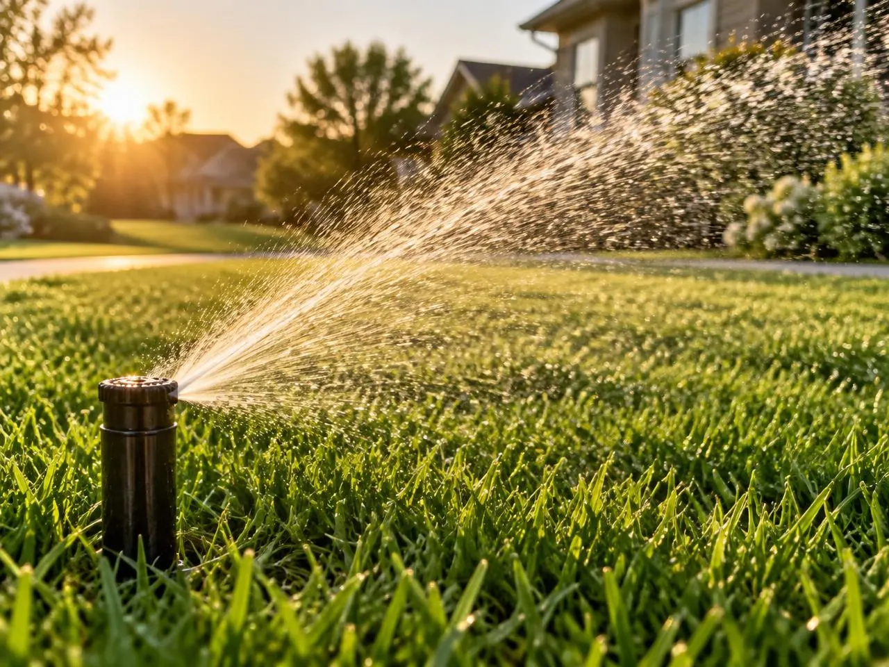 Sprinkler head watering a landscaped bed